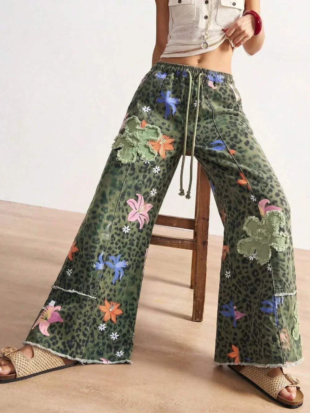 Army Green Casual Women's Leopard Print Floral Wide Leg Loose Long Pants - Picture 3 of 7